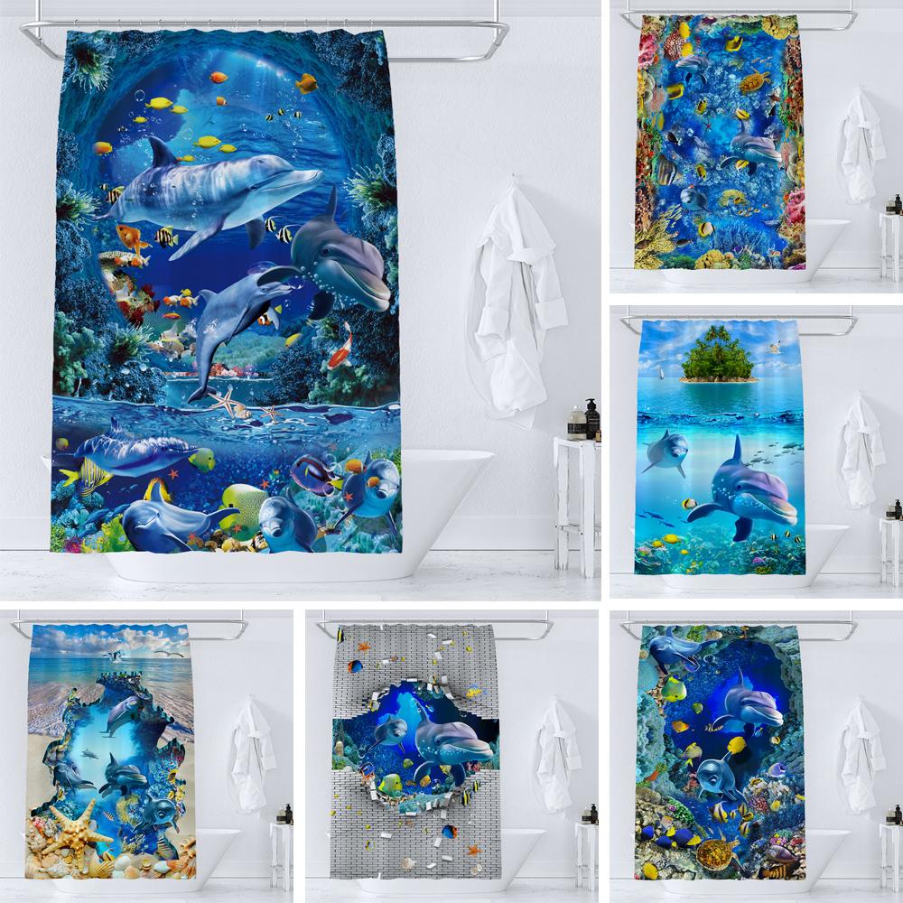 36X72 Inch Dolphin Shower Curtains Underwater World Marine Life Fabric Bath Curtain Kids Ocean Theme Bathroom Decor With Hooks