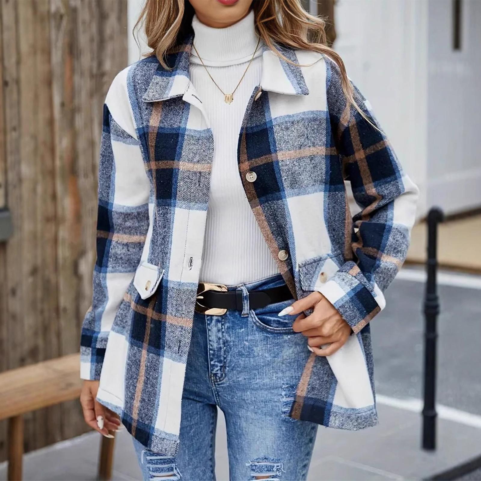 

Women s Fashion Plaid Lapel Single Breasted Long Sleeved Shirt Jacket S