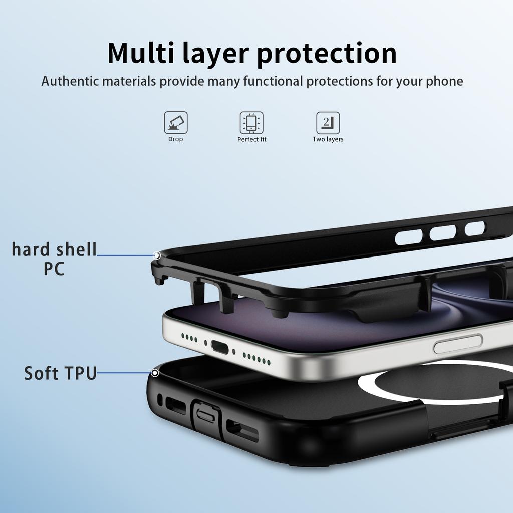 For iPhone 16 Case Compatible with MagSafe Lens Frame Kickstand TPU + PC Shockproof Phone Cover