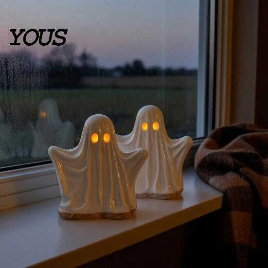 Warm Light Desktop Accents Ghost Ornament with Light, Cute Spooky Luminous Figurine, Creative Halloween Room Resin Night for Tabletop And Window