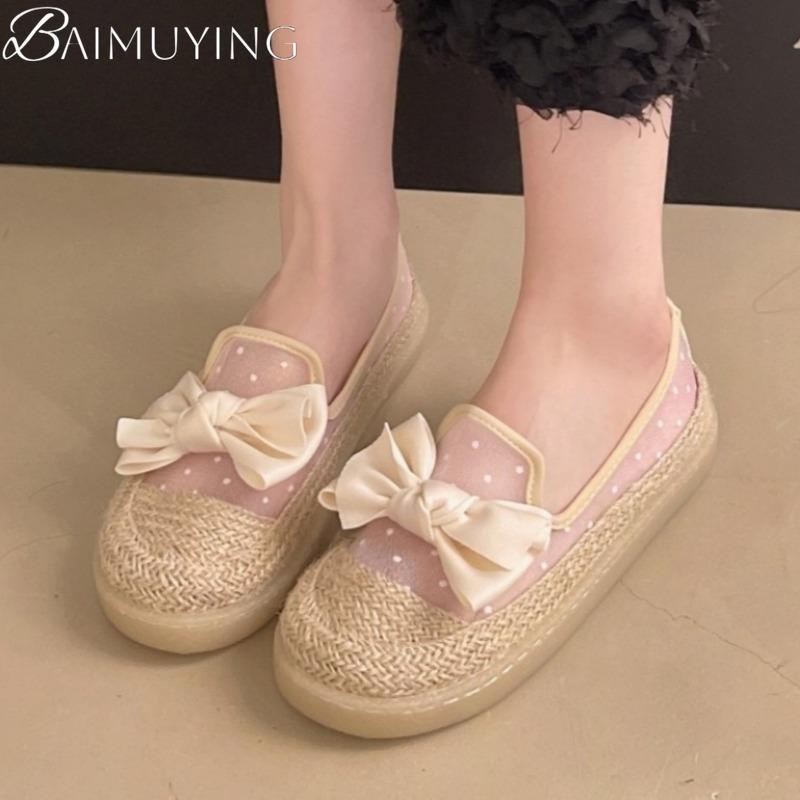 Fashion Bow Flats Loafers Shoes Women Weave Mesh Casual Soft Sole Sandals 2025 Trend Summer Beach Shallow Comfort Sandalias De Mujer