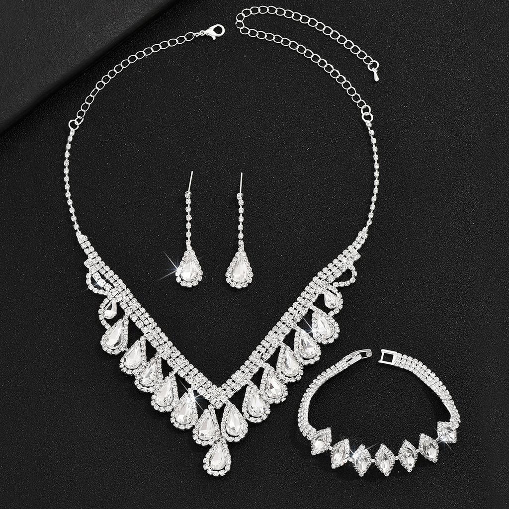 Bridal Wedding Dress Necklace Earrings Bracelet Set Clavicle Chain Three-Piece Set