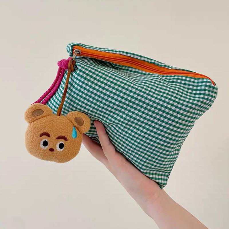 Portable Large Capacity Storage Bag Fashion Women Girls Plaid Makeup Bag Cotton And Linen Cosmetic Bag With Zipper Pouch Simple