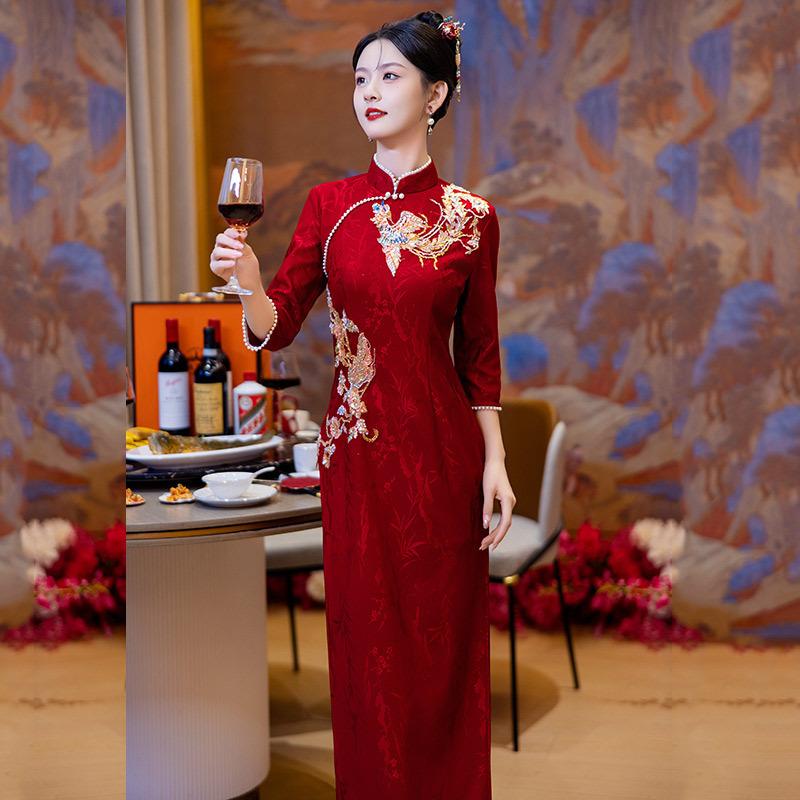 Phoenix Embroidery Red National Style New Chinese Long Sleeve Improved Cheongsam Women's Premium Bridal Toast Engagement Dress