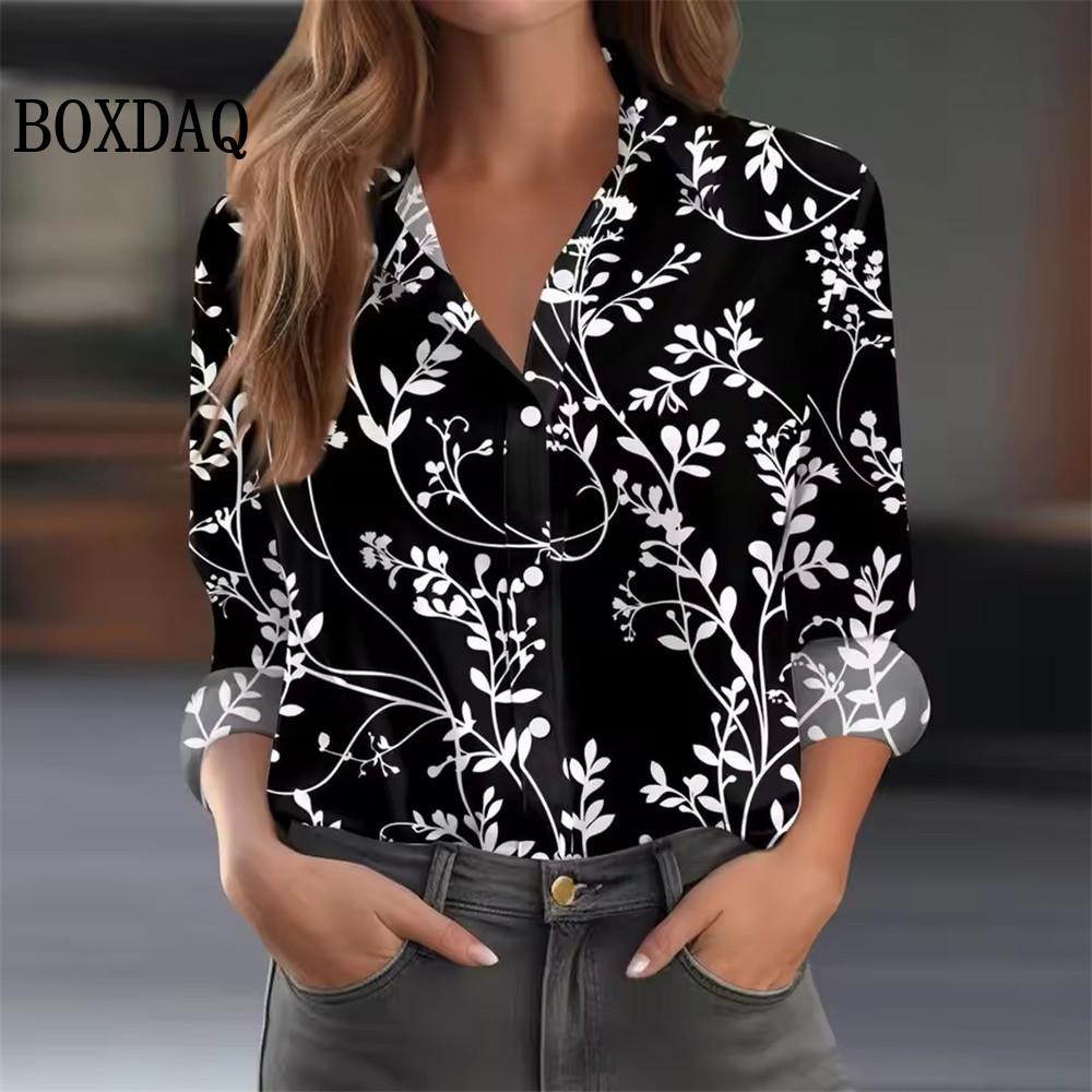 Women's 3D Floral Pattern Print Shirts Vintage Autumn Long-Sleeved Blouse Fashion Casual Loose Button Everyday Lapel Shirt Tops