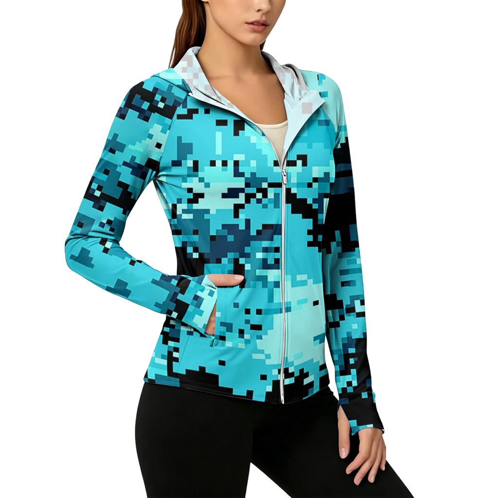 Womens Zip Up Hoodie Lightweight Long Sleeve Camouflage Print Sun Protection Jacket with Hood and Pockets for Outdoor Activities