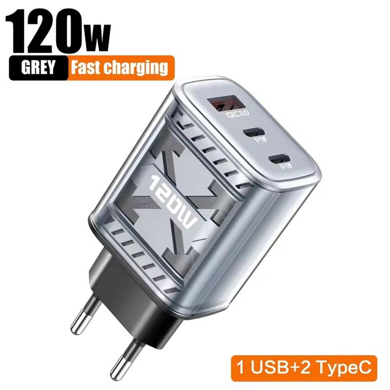 

120W Fast Charging 3 Ports Mobile Phone Charger QC3.0 USB Type C Chargers Dual PD USB Wall Adapter EU/US Plug for iPhone Samsung EU серый