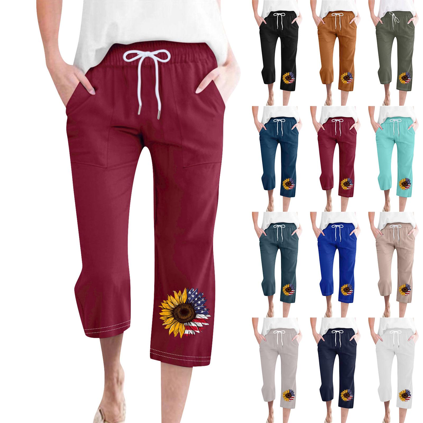 

Женские модные повседневные свободные брюки с принтом на День независимости, хлопковые льняные брюки 7/10