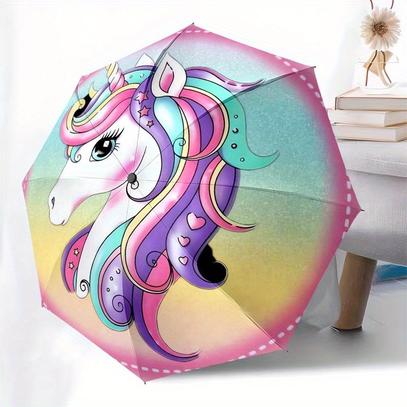 Unicorn Fantasy Themed Automatic Folding Umbrella 8 Ribs Durable Iron Frame, Vibrant Color Design, Compact Travel Umbrella for Beach, Outdo