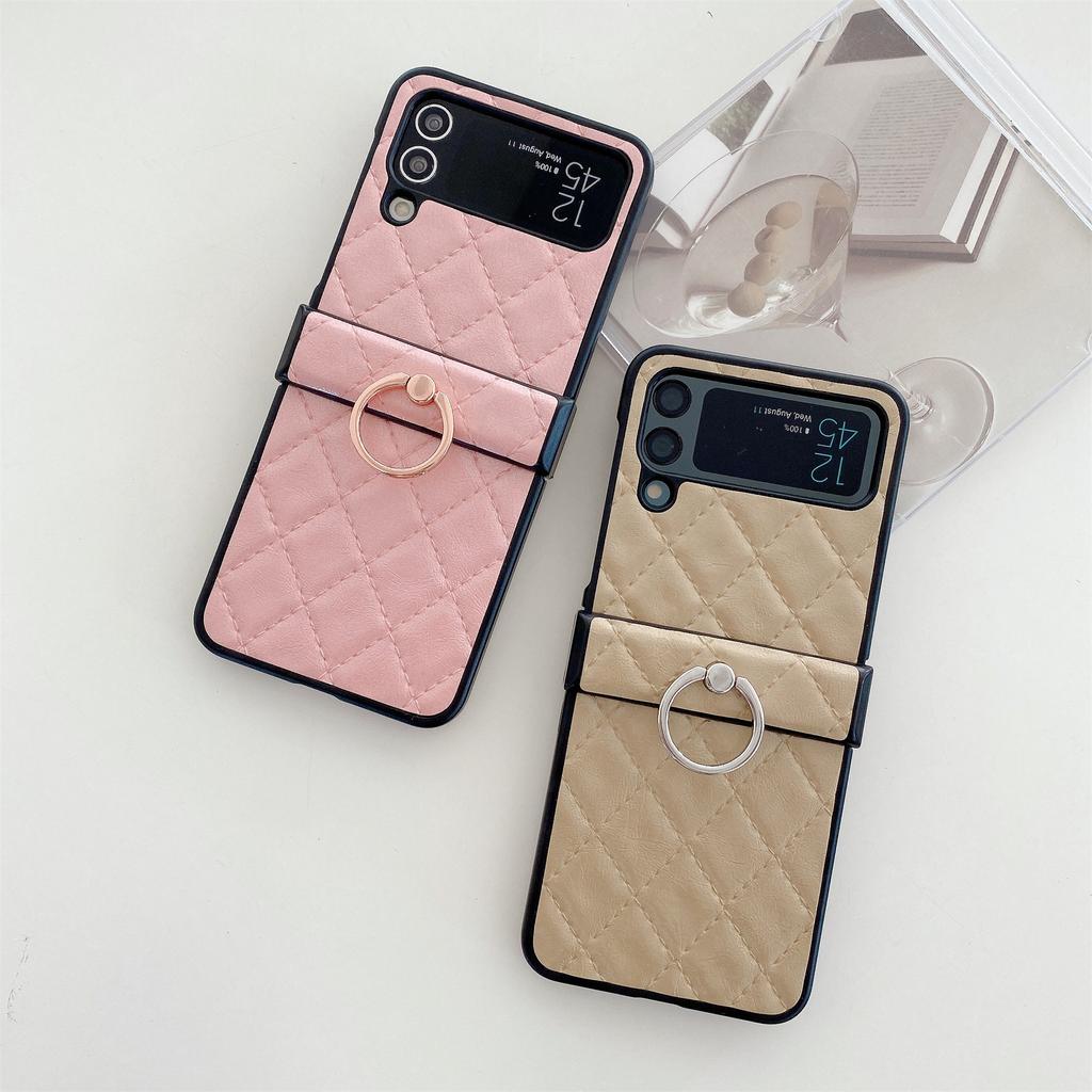Luksus Rhombus Skinn Glitter Ring Brakett Veske til Samsung Galaxy Z Flip 3 4 5G Z Flip3 Zflip5 Flip4 Zflip5 deksel med holder