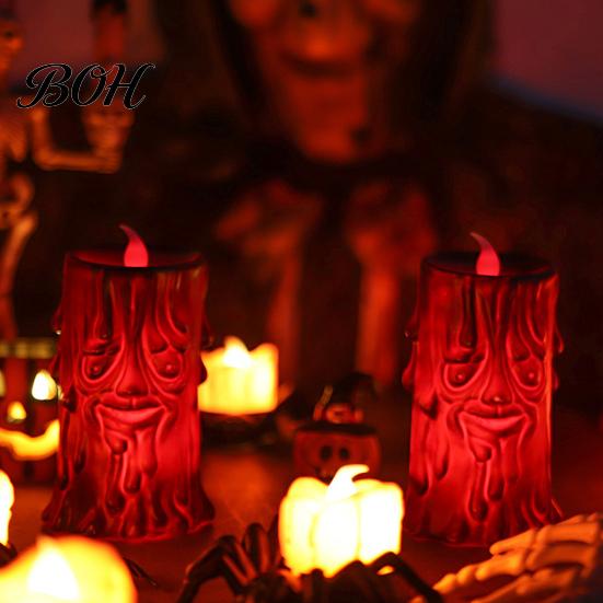 Plastic Halloween Figurine Flameless LED Candle, Spooky Face Tree Stump Pillar Atmospheric Festival Decoration Wax Drip Flickering Fake Candle