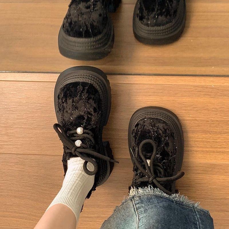 Big Head Lace-up Small Leather Shoes Women's 2025 Spring New Small Platform Women's Shoes Fashion Heightening Loafers