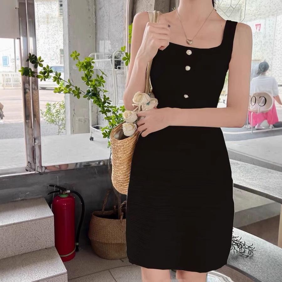 

Женское облегающее платье из французского трикотажа: Без рукавов, Квадратный вырез, Бретели-спагетти, Маленькая летняя мода One Size (up to 125 jin) чёрный