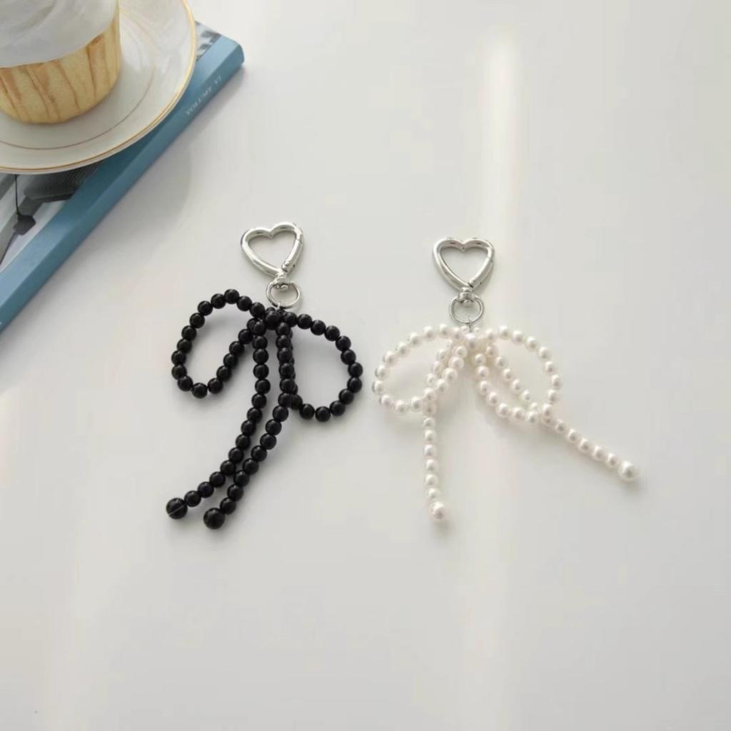 Bowknot Heart Pendant Keychain Beaded Phone Charm Detachable Bow Phone Lanyard Handmade Keyring Jewelry for Wallet Bags