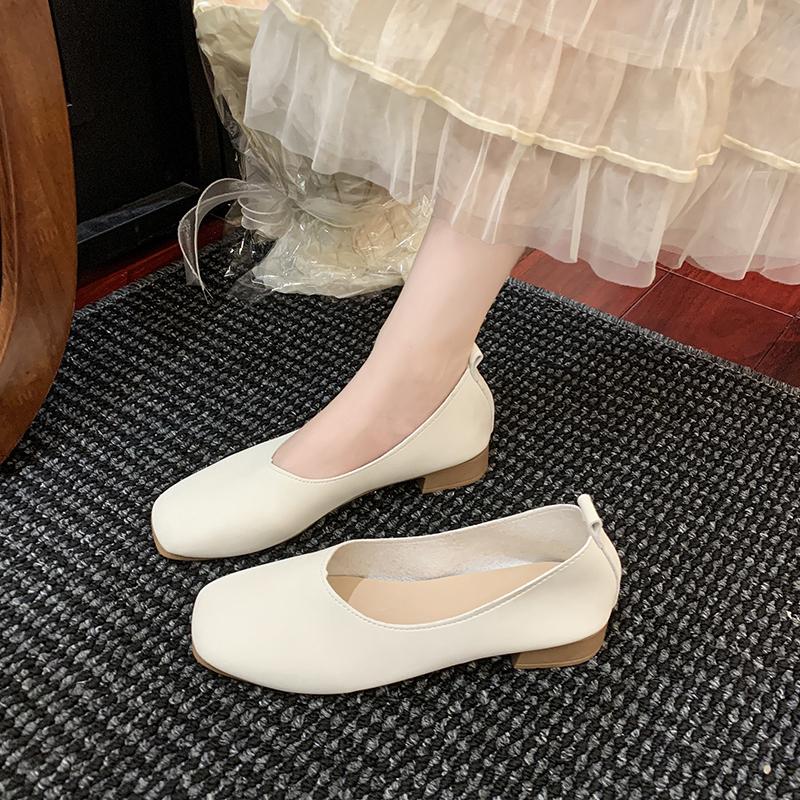 New Women's Summer Black White Mary Janes Flat Shoes Elegant French Square Toe Retro Low Heel Soft Soled Casual Flats