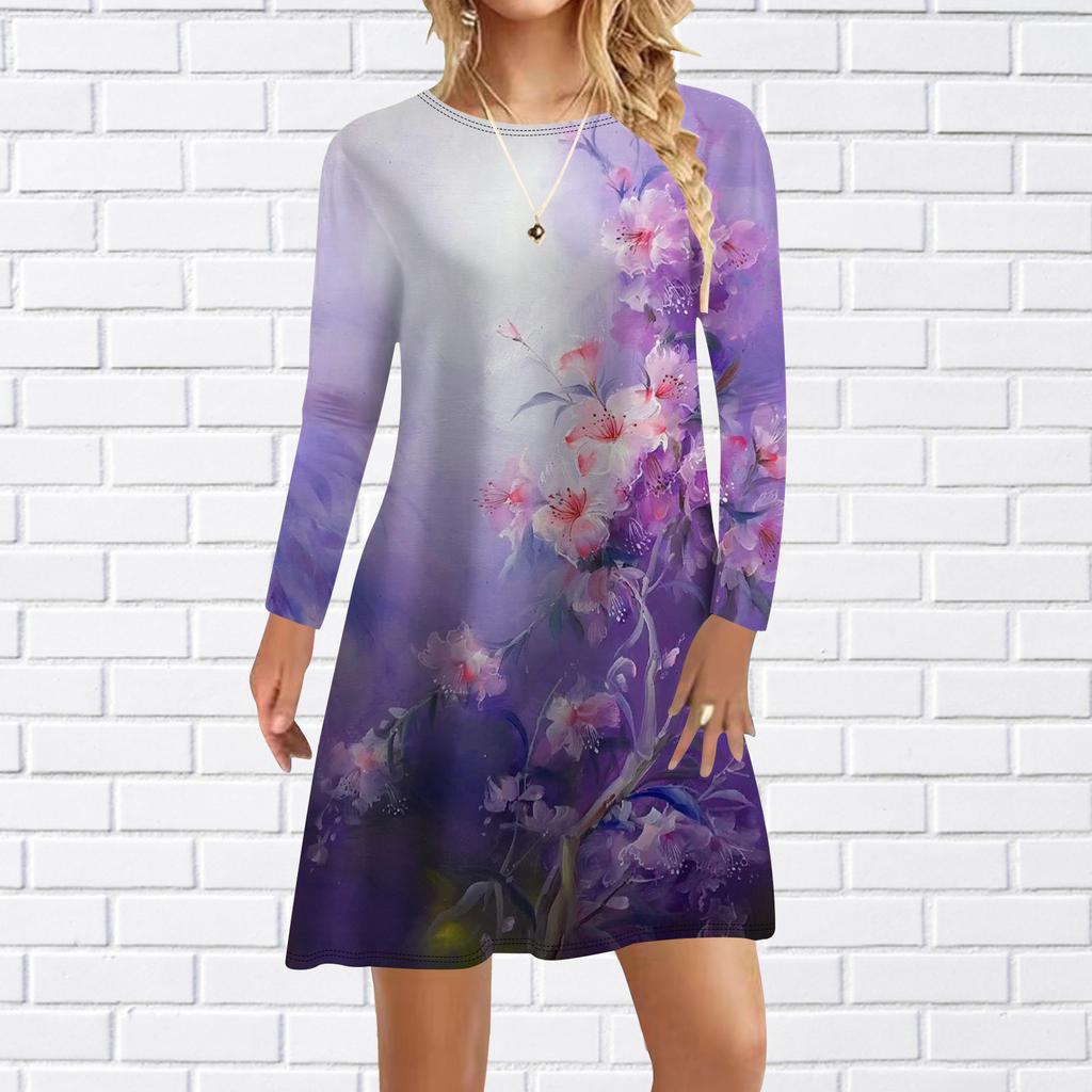 Damen Freizeitkleid Herbst Kristall Delfin Print Kleider für Damen O-Ausschnitt Kurzarmkleid Übergröße