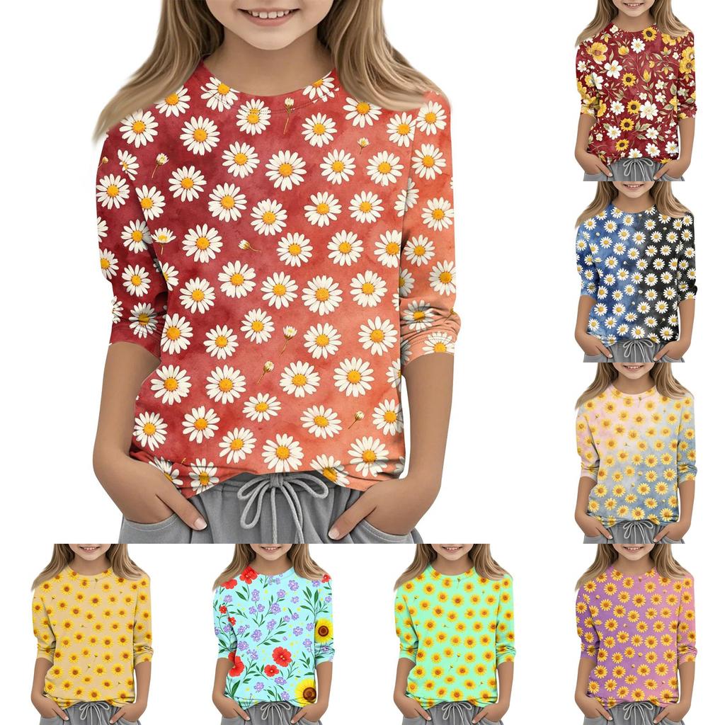 Girls Floral Print Crew Neck Three Quarter Sleeve Casual T Shirt Lightweight Soft Fabric Comfortable Fit Everyday Wear
