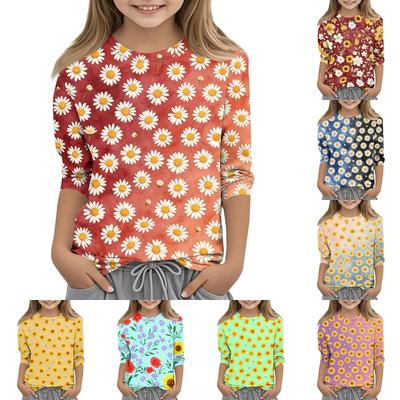 Girls Floral Print Crew Neck Three Quarter Sleeve Casual T Shirt Lightweight Soft Fabric Comfortable Fit Everyday Wear