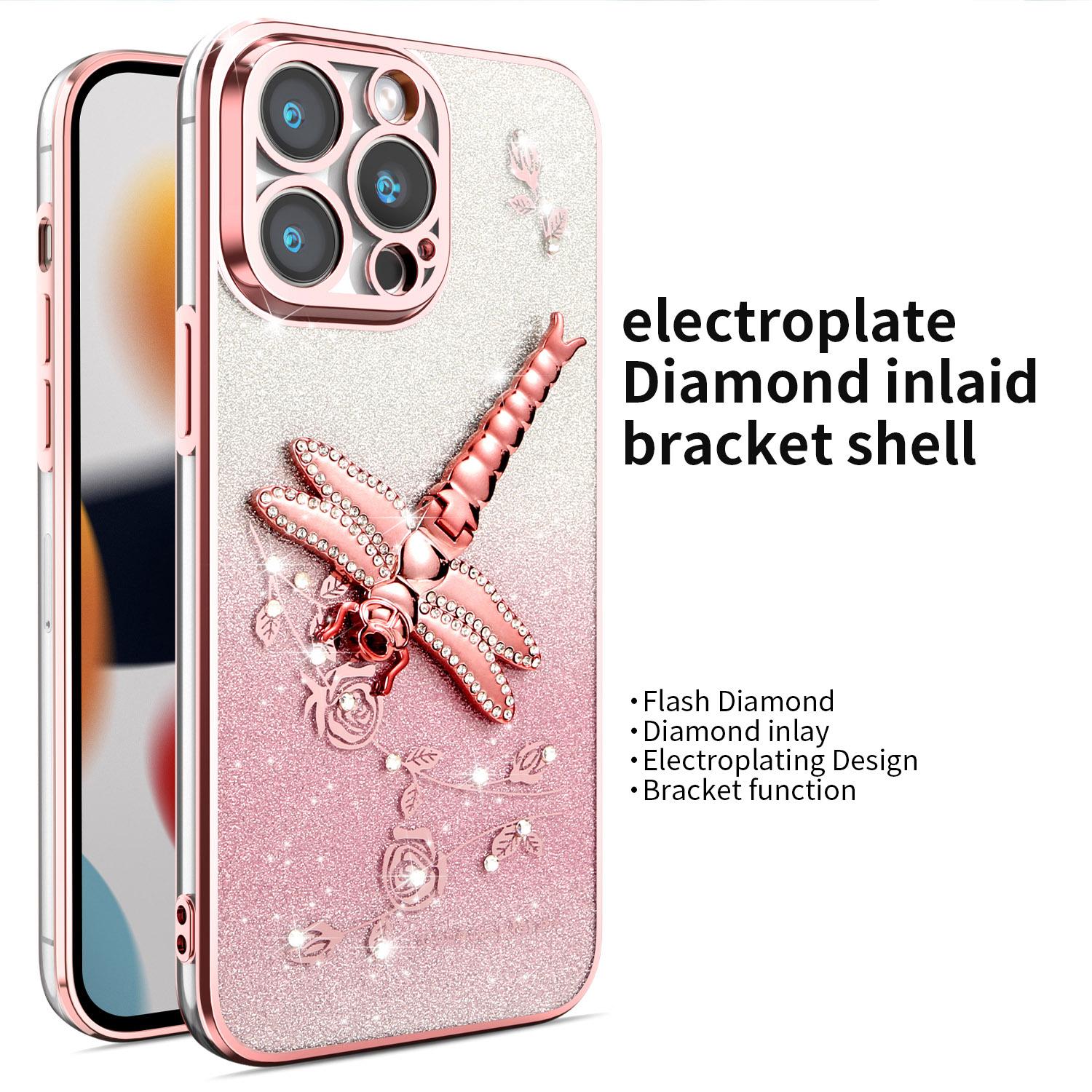 

KADEM For iPhone 13 Pro Max Case Dragonfly Kickstand TPU Flowers Glitter Phone Cover Pink