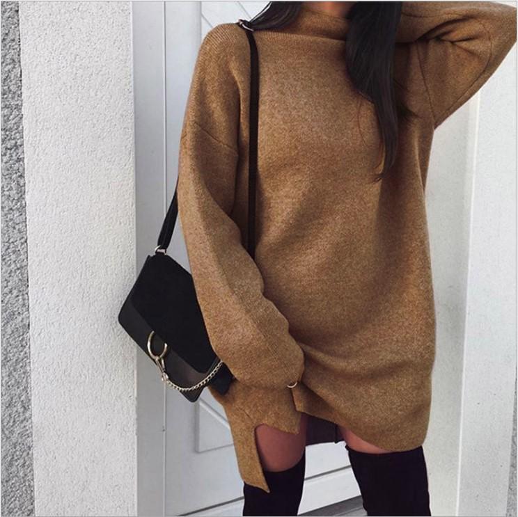 2023 European & American Plus Size Loose Knit High Neck Slit Dress for Women