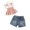 Kids Girls Shorts Set, Tie-up Pleated Camisole with Ripped Denim Shorts Summer 2-piece Outfit