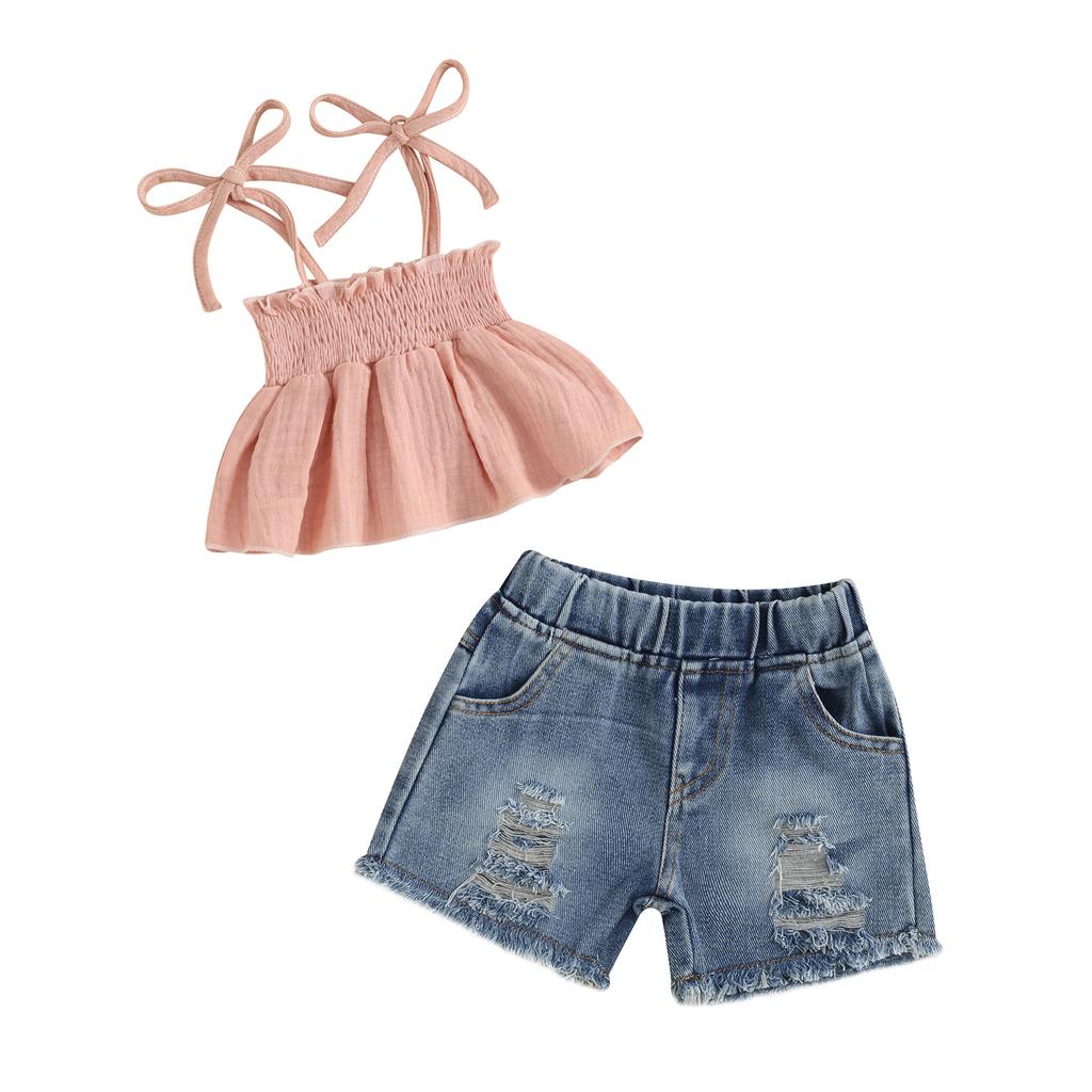 Kids Girls Shorts Set, Tie-up Pleated Camisole with Ripped Denim Shorts Summer 2-piece Outfit