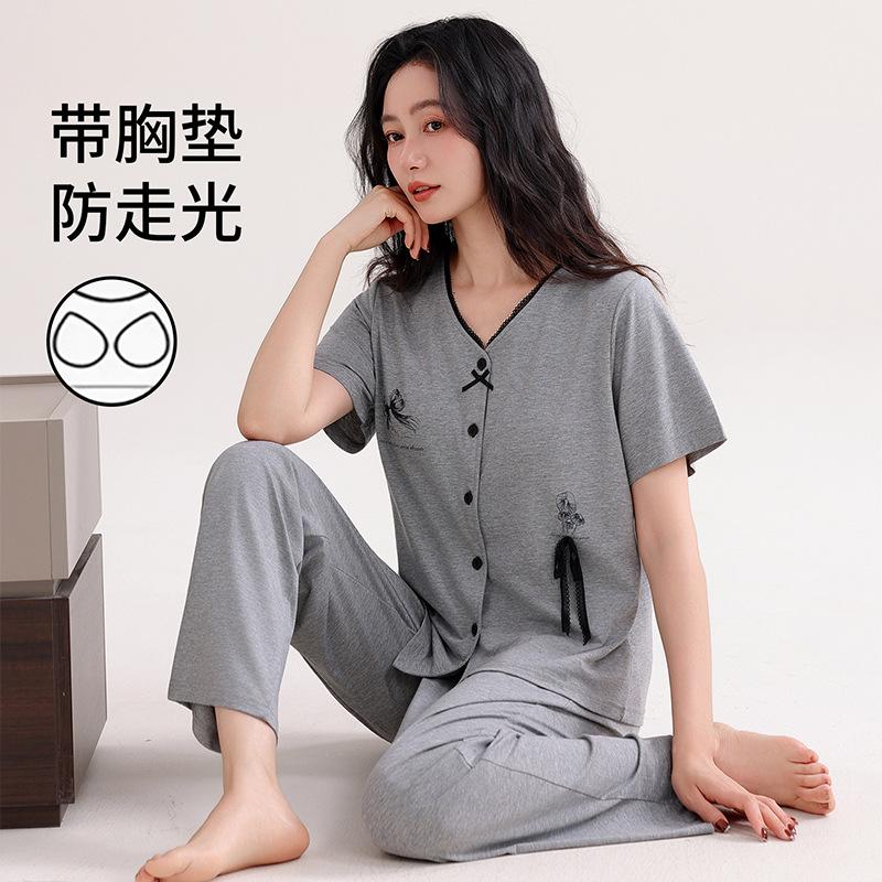 Class A antibacterial women's new modal pajamas with chest pads summer short-sleeved trousers loose casual thin loungewear