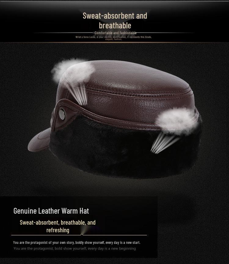 Men's Winter Cowhide Sheepskin Leather Hat - Thick, Warm Lei Feng Style for Middle-aged & Elderly