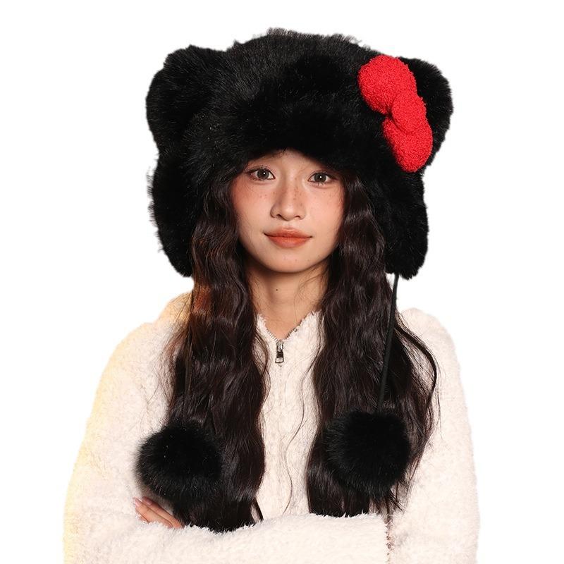 Red Bow Hat for Women Cute Animal Fashion Warm Plush Hat Autumn and Winter New Cartoon Ear Protection Lei Feng Hat