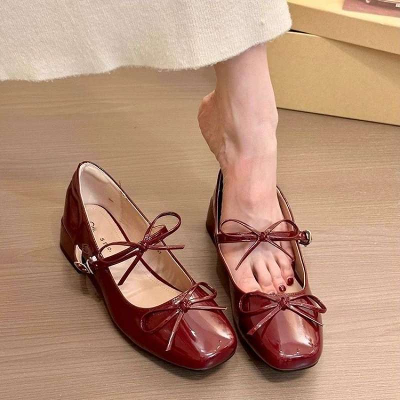 Silver light mouth ballet style thick heel single shoes women's 2025 new summer skirt French square head Mary Jane shoes