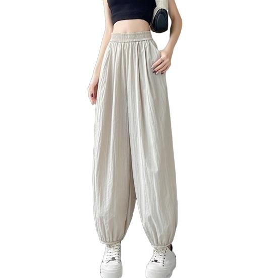 Women Pants Wide Elastic Waistband Anti-Wrinkle Fabric Loose Fit Harem Trousers with Pockets Pure Color Travel Work Pants