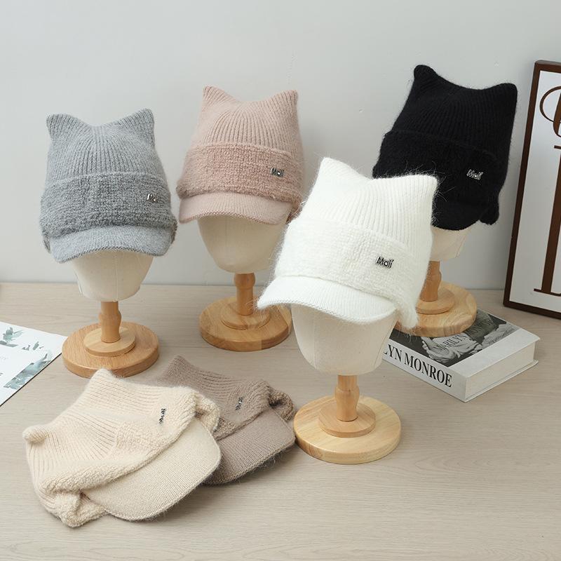 Sweet and Versatile Cat Ears Mali Knitted Baseball Cap Autumn and Winter Windproof Warm Hat Outdoor Leisure Plus Wool Cap