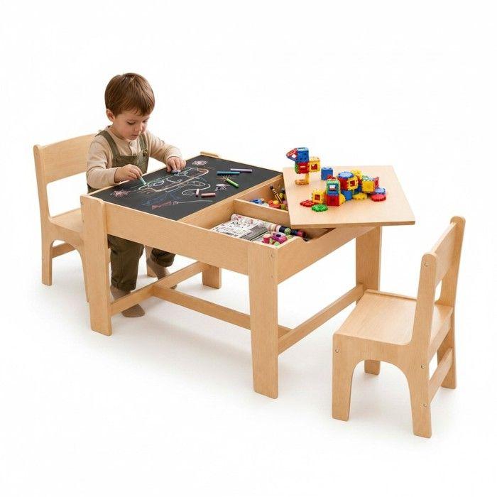 GINGER HOME Wooden Children's Table with 2 Chairs, Drawing Board and Storage, 82x60.5x48 Cm
