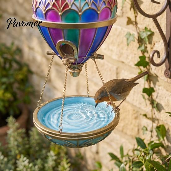 Garden Fountain Decor Stained Glass Hot Air Balloon Bird Feeder Fountain, Hanging with Water Wild Tray, Vintage Bronze Outdoor for Patio Porch