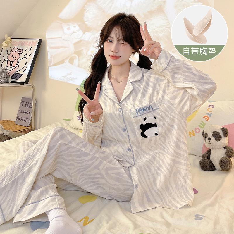 

Pajamas women with chest pads spring and autumn long sleeves cloud cotton new sweet and high-end summer loungewear set m size recommended 42.5-50kg