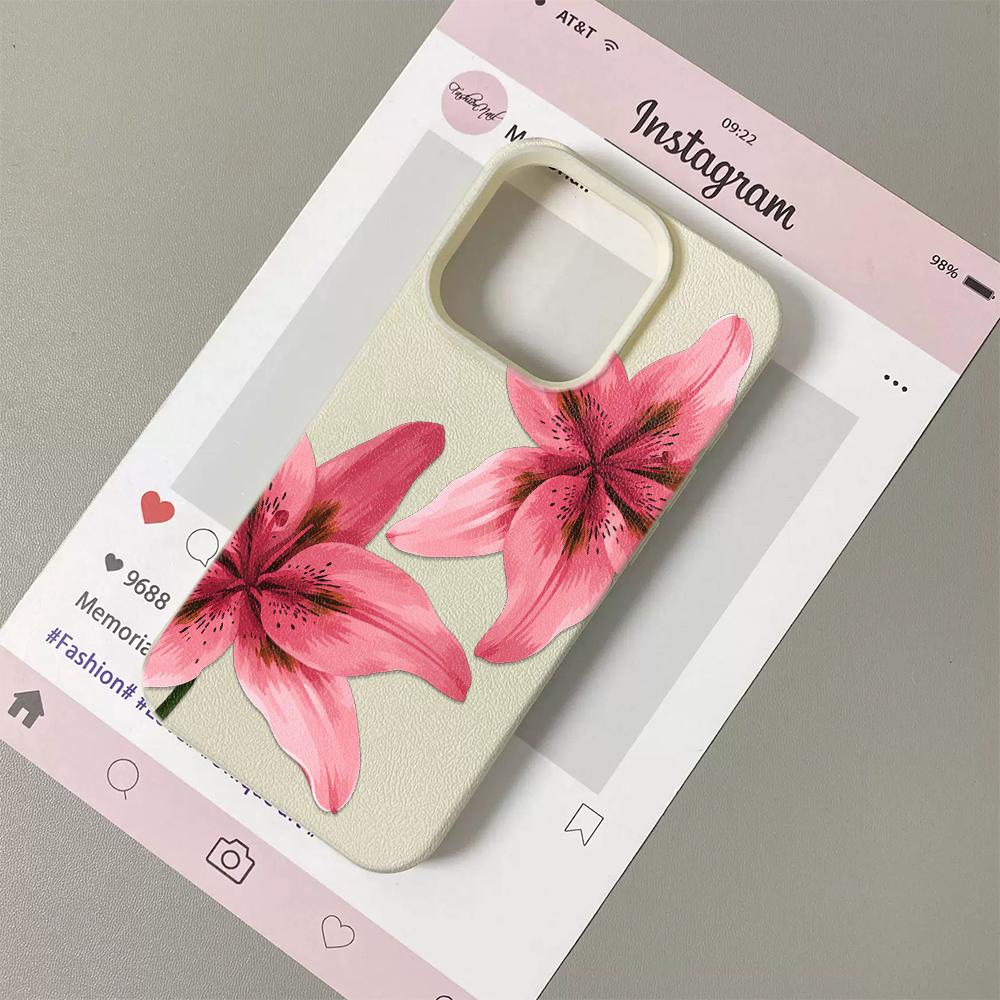 Pink Lily Floral Print Cream Matte Phone Case For iPhone 16 17 16e 15 14 13 12 11 Pro Max Shockproof Clear Hard Cover Coque