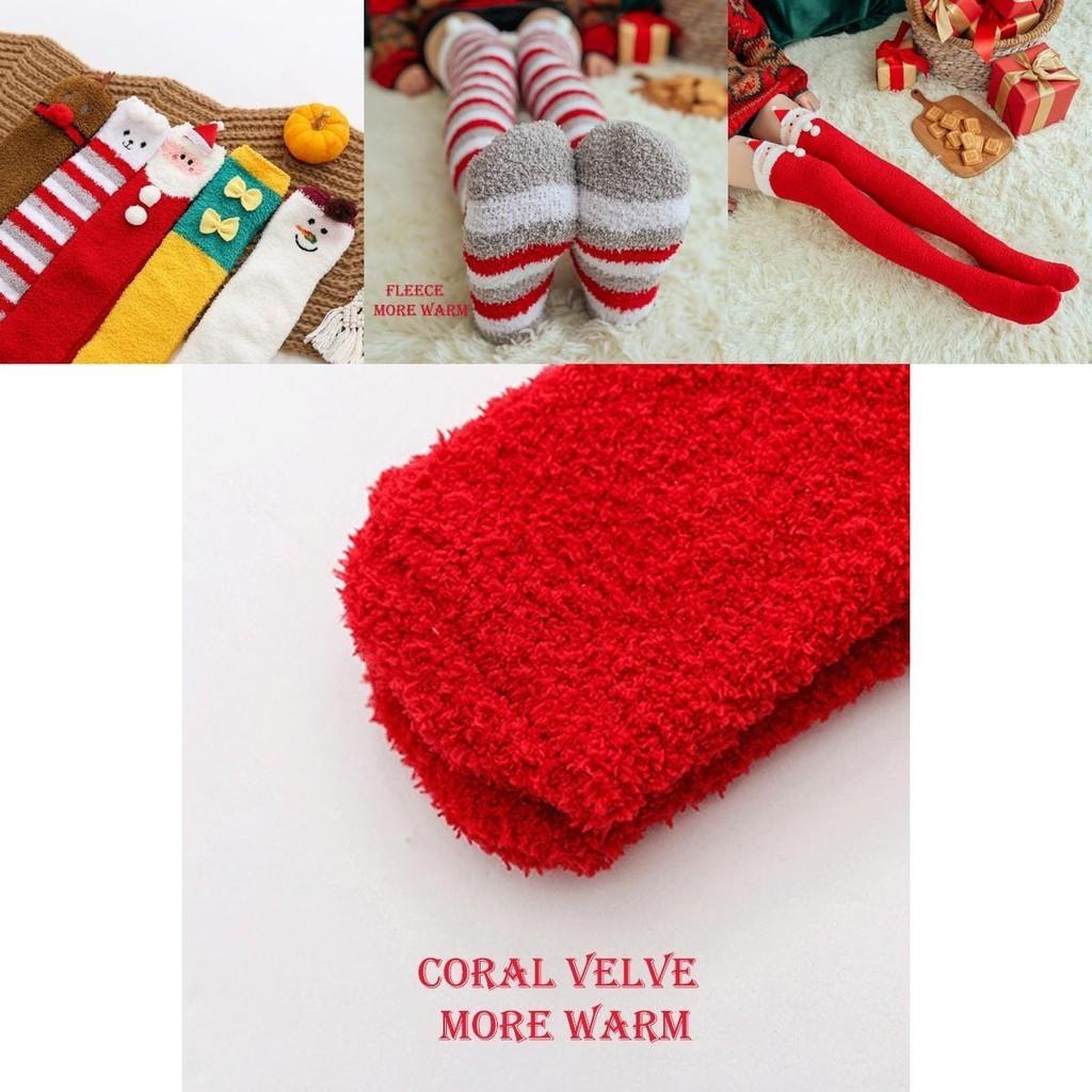Women's Coral Fleece Xmas Socks Warm Thigh Stocking Over Knee Santa Claus Elk Elf