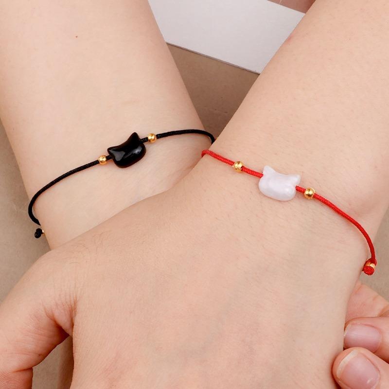 2pcs Cute Cat Beaded Couple Bracelet Hand Woven Adjustable Bangles Friendship Jewelry for Men Women Anniversary Gift Accessories