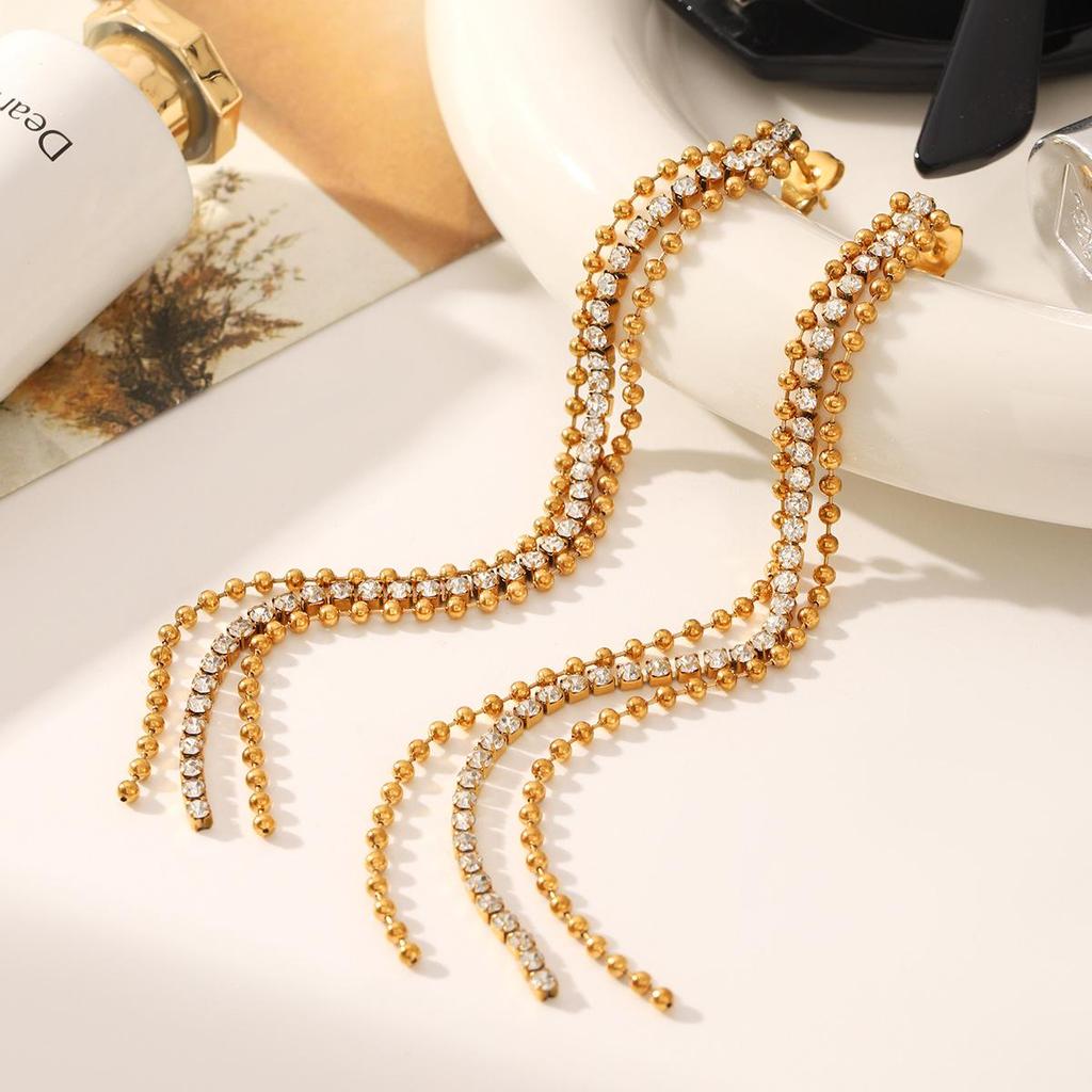 Elegant High-End Tassel Stainless Steel Stud Earrings with Diamond Row – Exquisite Light Luxury for Women