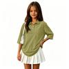 Children's Color 3/4 Sleeve Button Down Shirt with Collar and Side Slits, Casual Everyday Wear