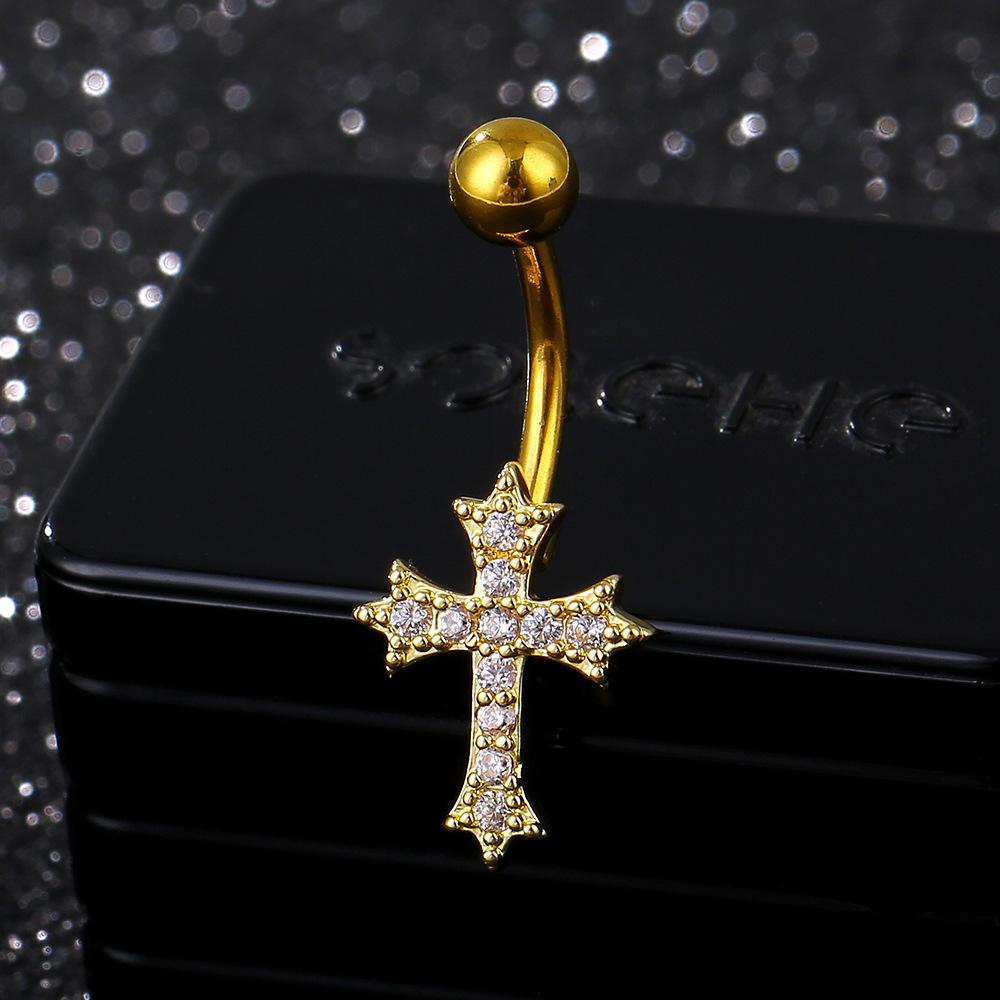 Rhinestone Cross Belly Button Ring Curved Bar Navel Piercing Jewelry Stainless Steel Belly Stud