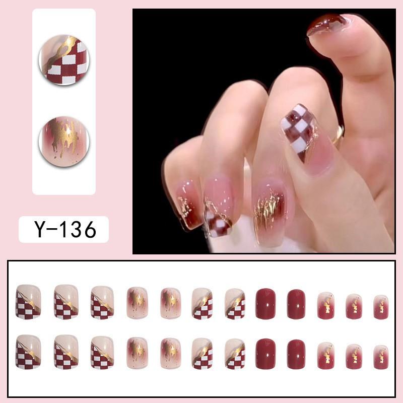 Short Press-On Nails Set Ins Style Fake Full Cover Acrylic Nail Tips Women Daily Wear