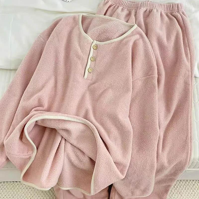 Women Suits Sets Cotton Large Size Pajamas Winter Thickened Fleece Longs Pants Two-piece Oversize 2PC Suit
