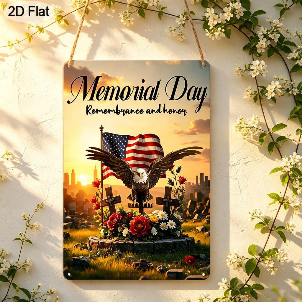 2D Flat 1pc Memorial Day Remembrance and Honor Metal Sign 7.87x11.81inch - Aluminum Patriotic American Flag Eagle Decor for Home, Yard, Veterans