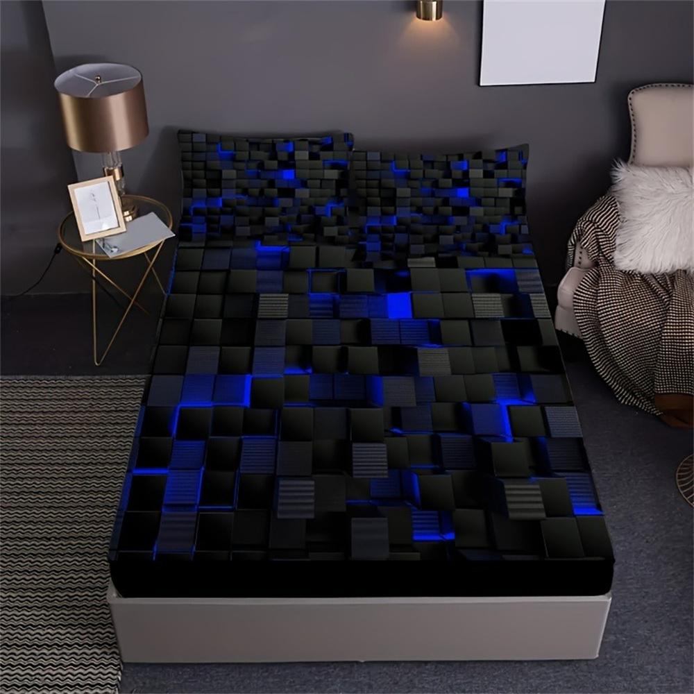 Red Grid 3D Visual Geometry Art Print Fitted Sheet Set Mattress Covers Soft Breathable Bedding Set With Deep Pocket for Bedroom