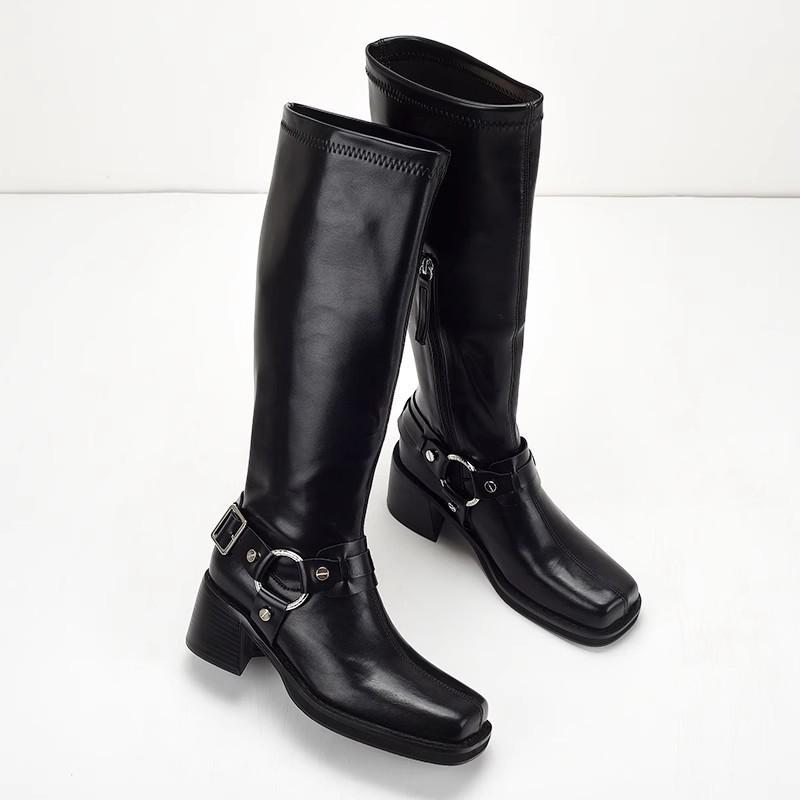 European and American Fashion Square Toe Belt Buckle Thick Heel High Heels Black Leather Face High Top Boots for Women