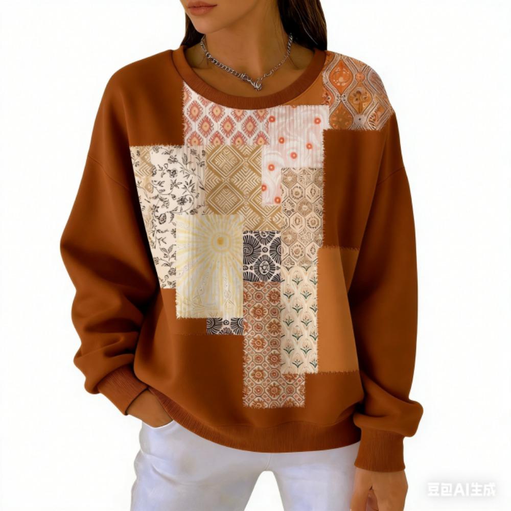 אופנת אביב שילוב צבעים חולצת טי לנשים קז'ואל הדפס וינטג' פולאובר לנשים בגדי שרוול ארוך קז'ואל בחוץ חולצות טי עליון