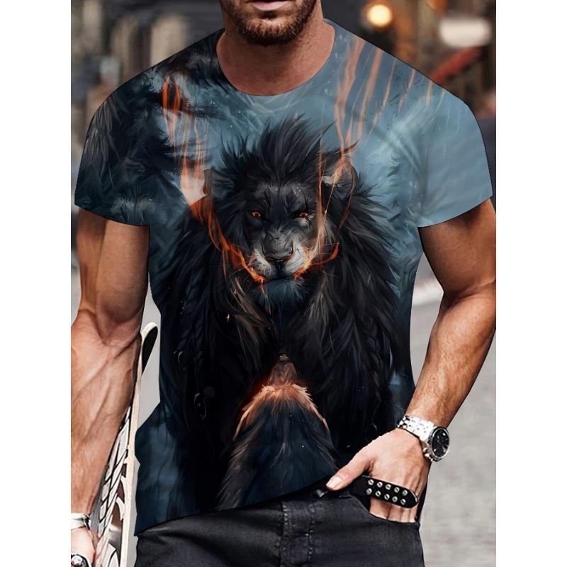 Animal Men's T-shirt 3d Lion Print Men's Tops Casual Short-sleeved Simple T-shirt Summer Round Neck T-shirt Men's Ultra Clothing