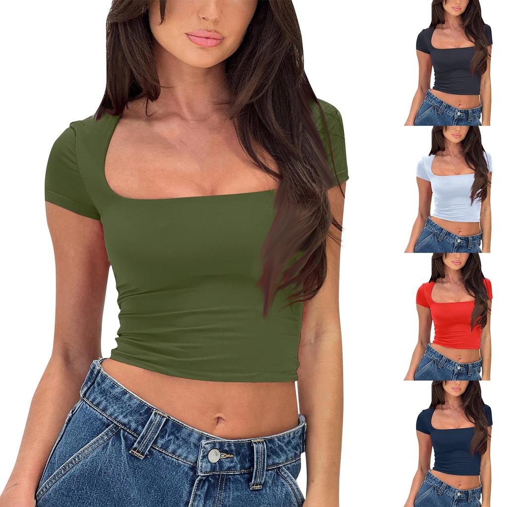 New  Women's Fit Solid Color Short-Sleeved Summer Square Collar Casual T-Shirt For Women