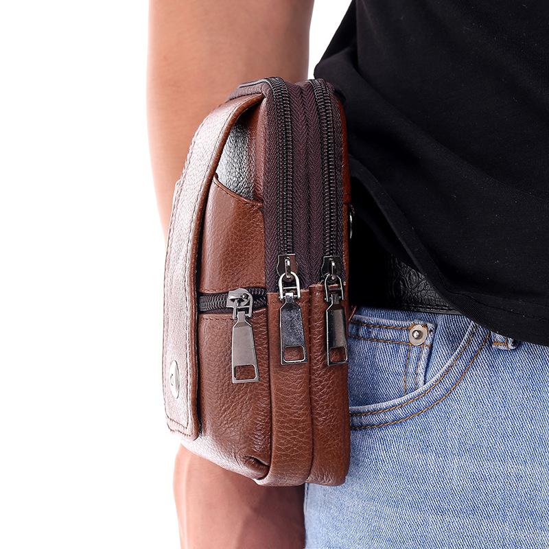 Borsa a tracolla per telefono in vera pelle, Custodia da cintura per telefono da uomo, Marsupio multi-tasca con cerniera, Portacarte, Portafoglio EDC da viaggio a mani libere